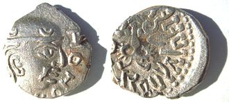 Silver coin of the Gupta King Kumaragupta I (Coin of his Western territories, design derived from the Western Satraps).